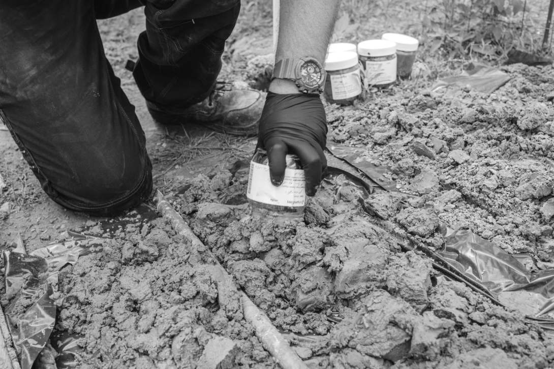 Collega van Profex voert een bodemonderzoek uit door stalen uit de grond te nemen